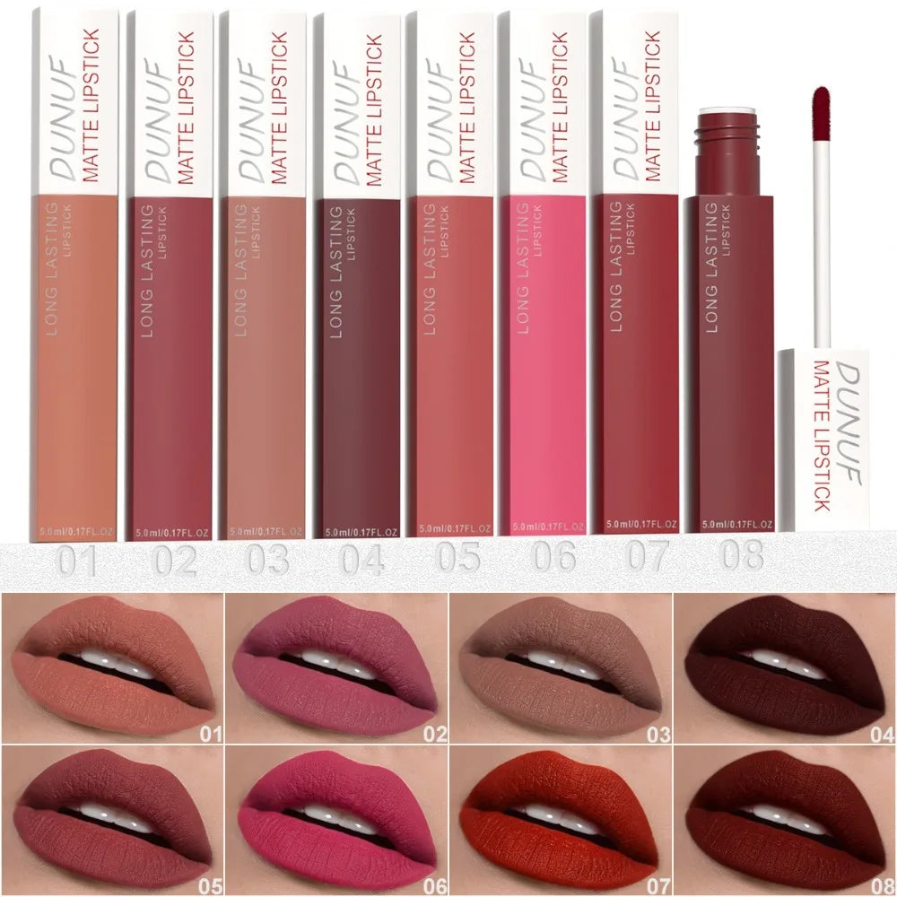 8 Colors Matt Velvet Lip Gloss Brown Red Nude Liquid Lipstick Long Lasting Waterproof Non-stick Cup Lip Glaze Lips Tint Makeup