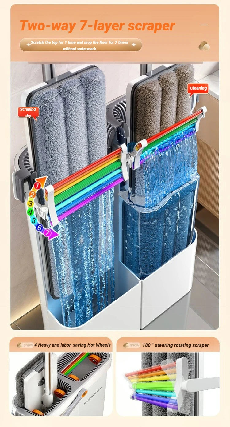 serpillière Joybos 360 Spin Mop 33cm Bucket Set Hand-Free Flat Barrel Washing and Squeeze With Scraper Floor Cleaning For Home Wet Dry Mops
