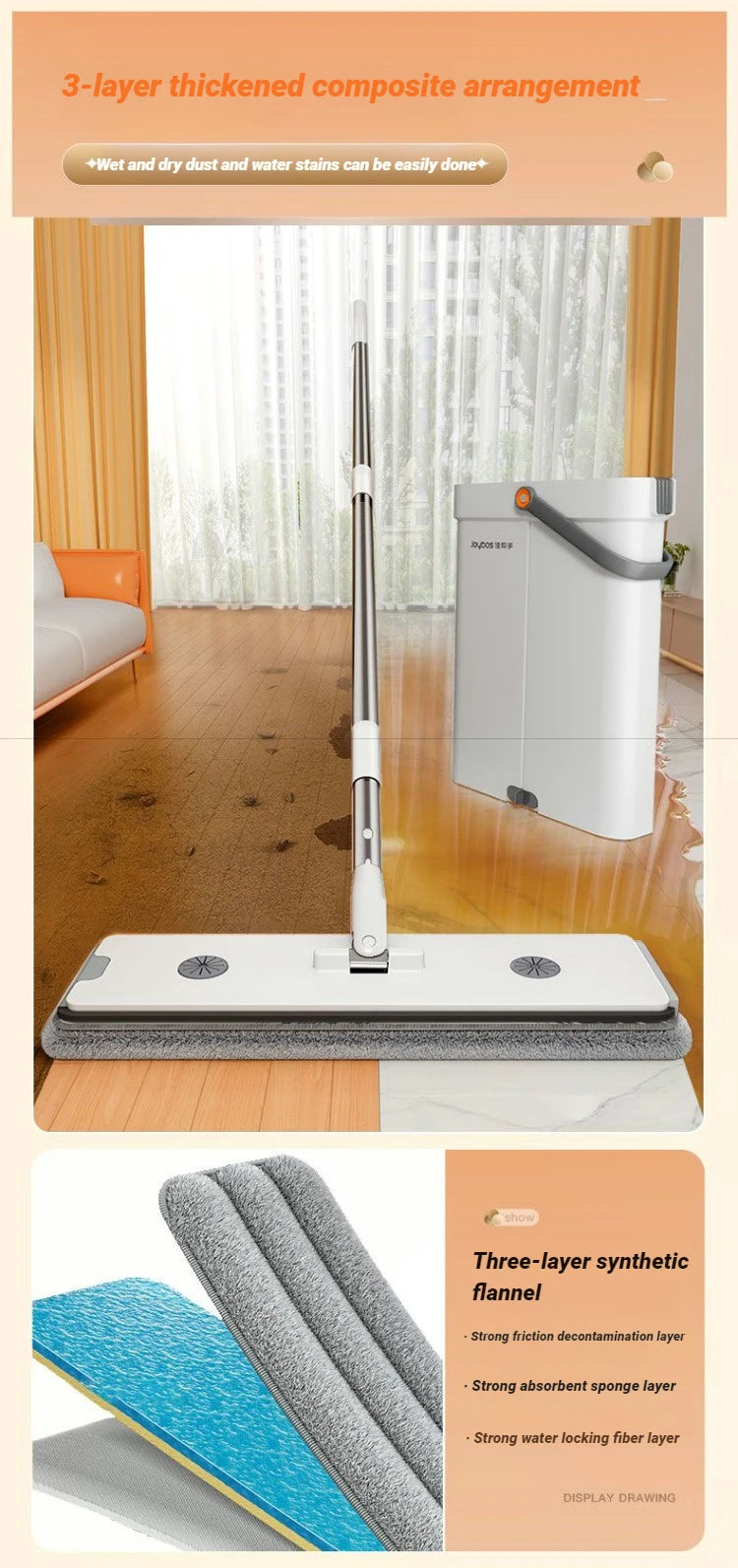 serpillière Joybos 360 Spin Mop 33cm Bucket Set Hand-Free Flat Barrel Washing and Squeeze With Scraper Floor Cleaning For Home Wet Dry Mops