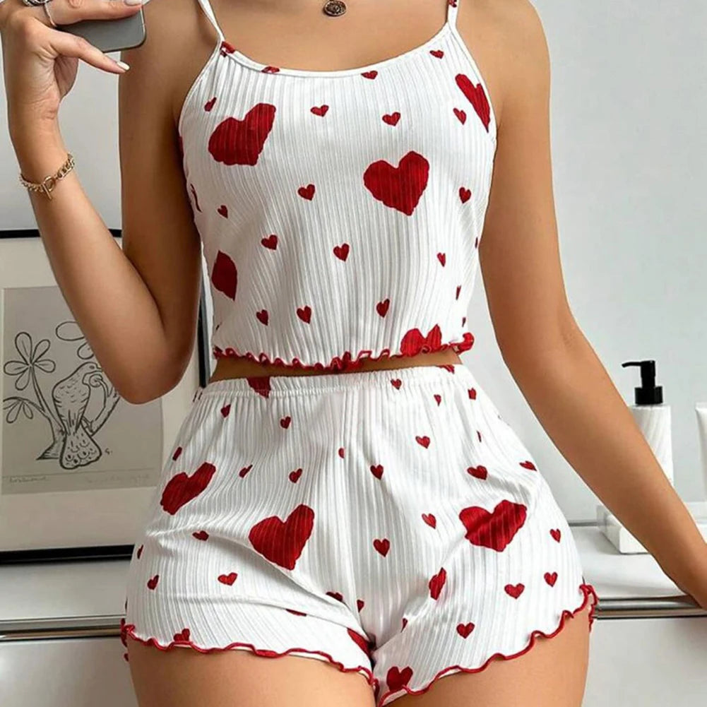 Women's Pajamas Set Summer 2PCS Sling Vest with Shorts 2026 Newly Love Heart Print Spaghetti Strap Camisole Sleepwear for Girls
