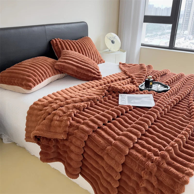 Couverture multifonctionnelle à rayures larges épaissie de couleur unie, peut être utilisée comme couverture de lit, couverture pour la sieste, couverture pour animaux