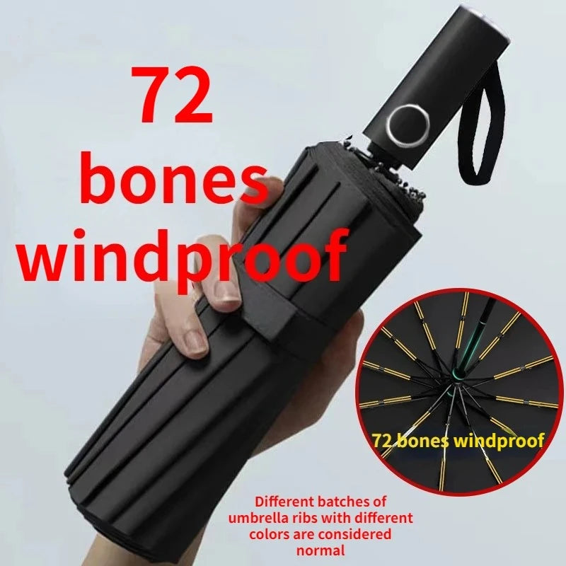 Parapluie automatique pour hommes à 72 baleines, ultra résistant, coupe-vent, pliable, renforcé, grande taille, imperméable et protection solaire pour femmes