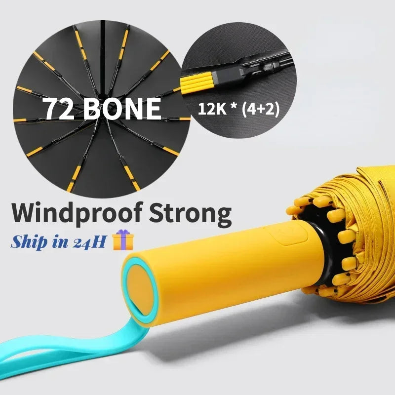 Parapluie automatique pour hommes à 72 baleines, ultra résistant, coupe-vent, pliable, renforcé, grande taille, imperméable et protection solaire pour femmes