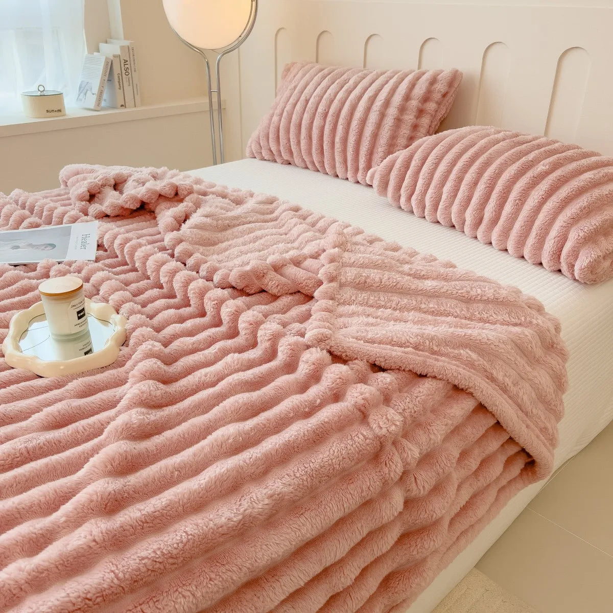 Couverture multifonctionnelle à rayures larges épaissie de couleur unie, peut être utilisée comme couverture de lit, couverture pour la sieste, couverture pour animaux