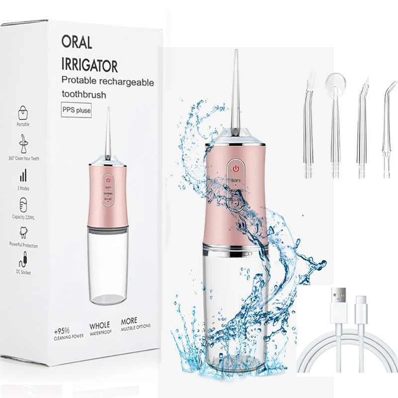 Irrigateur buccal portable USB, fil dentaire à eau, outils de jet dentaire, pic pour le nettoyage des dents, 200ML, 4 buses, agents de nettoyage buccal